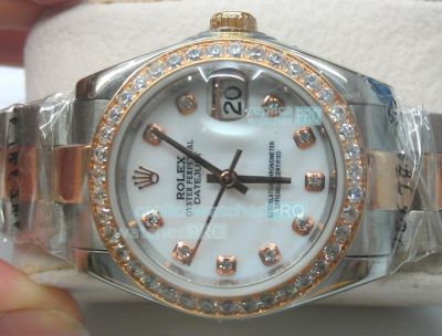 Replica Rolex Datejust White Diamond Face Two Tone Watch